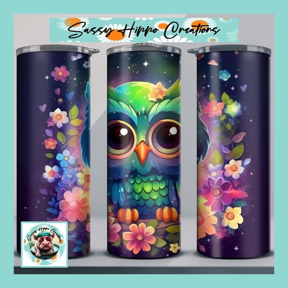 Skinny Tumbler Neon Owl Colorful Flowers Stainless-Steel 20oz Hand Sublimated - Picture 1 of 7